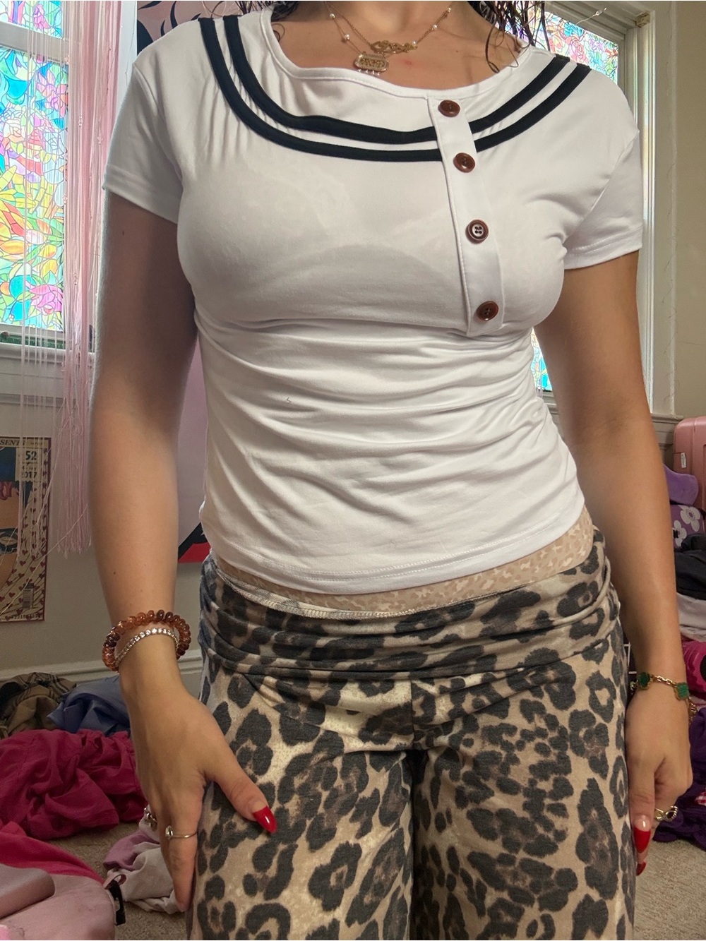 Brand new Women’s White Nautical Button-Accent Tee